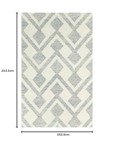 Image of Modern Pattern Wool Carpet with Loop Texture Yarn Carpet Size 5x7 Feet C1 Ivory & Grey Color