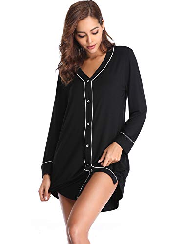 Lusofie Nightgown Women's Long Sleeve Nightshirt Boyfriend Sleep Shirt Button-up Lapel Collar Sleepwear (Black Solid, X-Large)