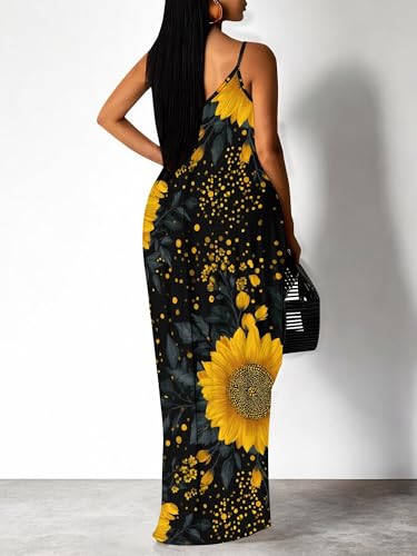 Image of Women's Summer Maxi Dress Spaghetti Strap Floral Boho Beach Long Sundress with Pockets