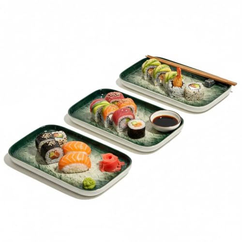 Image of Beyond Homes Ceramic Serving Tray Set of 3 | 8 Inch Rectangular Serving Plates | Premium Ceramic Platters for Sushi Dimsum Momos Snacks Starters & Appetizers | Microwave & Dishwasher Safe, Green