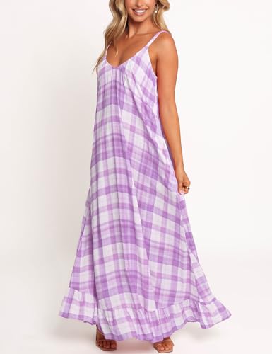 Image of LASPIA Spaghetti Strap Dresses for Women Plaid V Neck Maxi Sundress Beach Long Dress with Pockets
