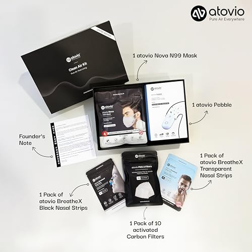Image of Atovio Clean Air Kit | Corporate Gifts for Employees, Clients & Teams | Premium Wellness Gift Box with Wearable Air Purifier, N99 Mask, PM2.5 Filters & Nasal Strips - Moonlight Black
