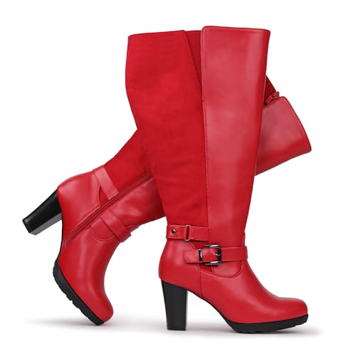 Chicblooms Women's Plus Size Extra Wide Calf High Heel Dress Boots with Ankle Buckle, Red PU, 8.5 M US