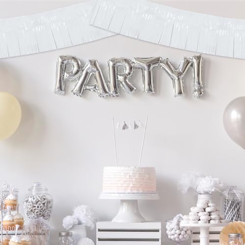Image of BEISHIDA 3 Packs Metallic Foil Fringe Garland Macaron White Wall Hanging Tinsel Fringe Banners for Car Floats Bridal Shower Wedding Birthday Easter Graduation Holiday Party Decoration(30 Feet)