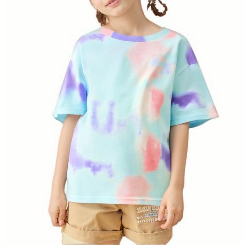 Kids Tie Dye Shirt with Colorful Design, Purcotton Short Sleeve Boys & Girls Summer Tops
