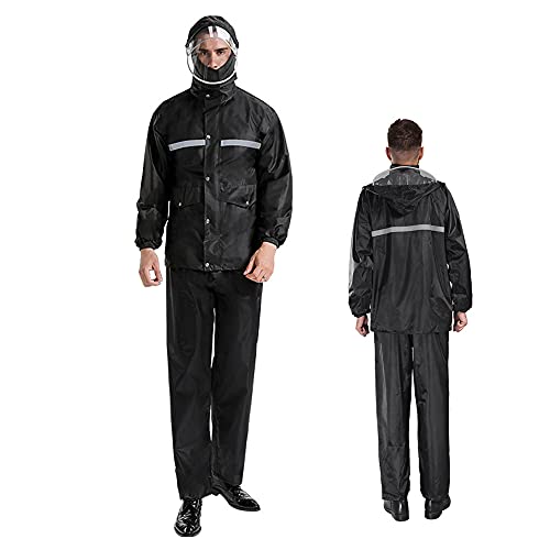 Wasserdichte Regenanzüge für Herren Damen, Klassischer Kapuzen-Regenmantel mit Reflektierenden Streifen, Outdoor Anti-Sturm Wasserdichte Jacke & Hosenanzug zum Wandern, Angeln, Radfahren (L,Schwarz) Cover
