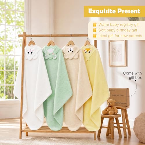 Image of 12 PCS Baby Towels Set, Baby Bath Towels for Toddlers Newborn Essentials | Super Thick Absorbent, Cute Animal Hooded, Soft Cozy, 4 Baby Towels & 8 Washcloths for Boy Girl Gifts (Dog, Duck, Frog, Bear)