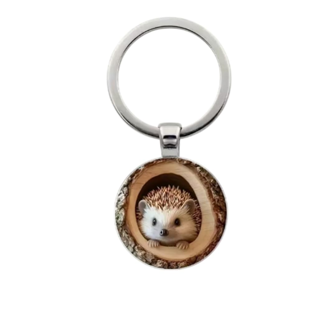 CMJ™ Cute Hedgehog Keyring Glass Dome Animal Keychain UK Seller