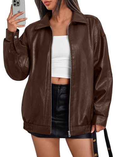 Trendy Queen Womens Leather Jackets Oversized Faux Motorcycle Plus Size Moto Biker Coat Fall Outfits Fashion Clothes 2025 Brown L