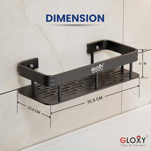 Image of GLOXY Combo Pack of 3 Black Self-Adhesive Bathroom Shelf Caddy - Bathroom Organiser Without Drill - Heavy Duty Aluminium Toiletries Storage Rack - Wall Mounted Shelf for Bathroom & Kitchen