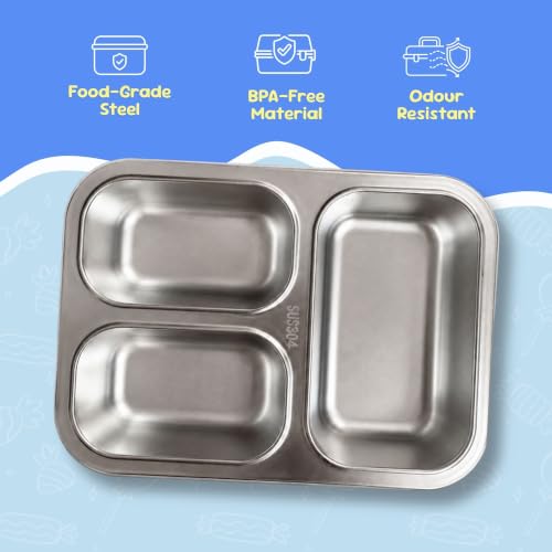 Image of Famyo Stainless Steel Lunch Box for Kids, with 3 Compartments, 800ml (Pink) | Bento Lunch Box | Leakproof Tiffin Box | BPA-Free & Food Safe, Ideal for Meals & Snacks