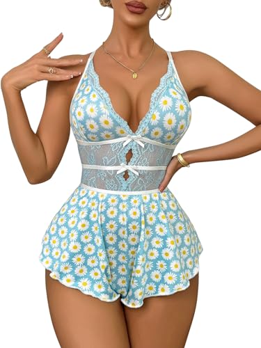 Image of Lilosy Sexy Bows Floral Lace Mesh Babydoll Lingerie Romper