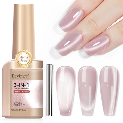 Bevimee One Step Gel Polish 3-in-1, Pink Cat Eye Gel Nail Polish With Magnet, HEMA TPO Free Shimmer Magnetic Cateye Gel Polish Soak Off UV Nail Art Design Manicure DIY 12ml