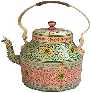 Interior Modern Hand Painted Figurine Aluminium Decorative Tea Kettle Pot (Color: Cream & Green)