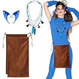 Newcotte 3 Pcs Halloween Blue Costume Cosplay Accessories Soft Latex Pointed Elf Ears for Women Boho Feather Tassel Beads Necklace Belted Skirt Outfit for Dress up Masquerade