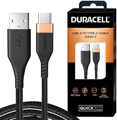 Duracell USB-A To Type C, 65W Braided Sync & Fast Charging Cable, 3.9 Feet (1.2M), QC 2.0/3.0 Ultra Fast Charging, For Samsung, Mi, Realme, OPPO, ONE PLUS, Seamless Data Transmission, Series 3, Black