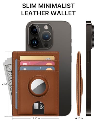 Mens Slim Wallet for Airtag, Premium Crazy Horse Leather Front Pocket Card Case with AirTag Holder, RFID-Blocking Mens Wallet Card Case, Yellow4