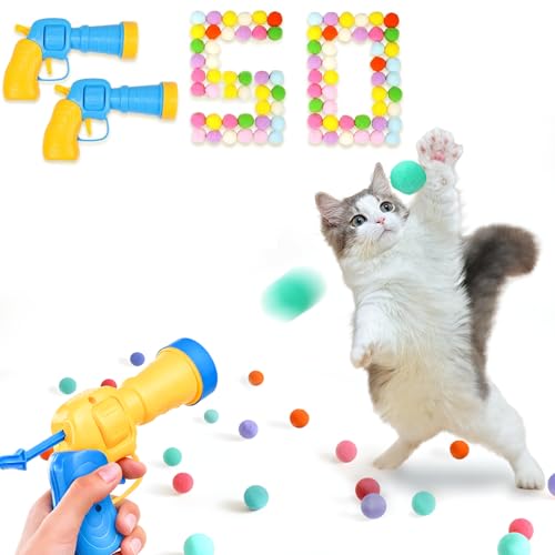 Kalimdor Cat Toy Ball Launcher,Interactive Cat Toys for Indoor Cats Adult Cats with Plush Balls, Kitten Toys Indoor cat Exercise (2 Launcher 50 Balls)