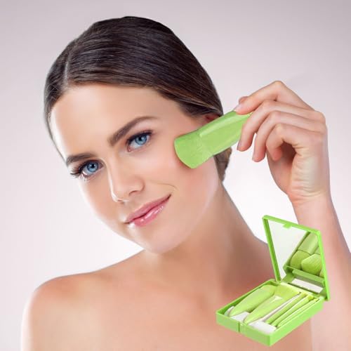 Travel Makeup Brush Set with 5 Mini Brushes and Built‑In Mirror, Portable Powder Blush Foundation Eyeshadow Brushes in Compact Box for On‑the‑Go Use