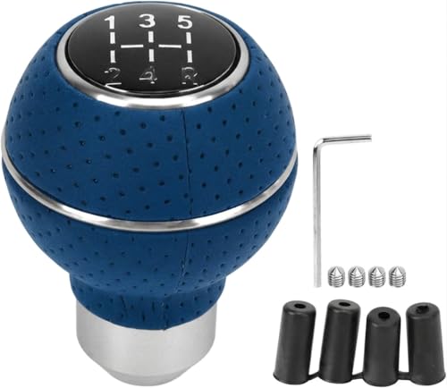 Image of AutoBizarre 5 Speed Aluminum Base Metal Ring Leather Covered Gear Knob Gear Shifter Handle Knob for All Manual Transmission Cars (Silver Ring Blue Leather)