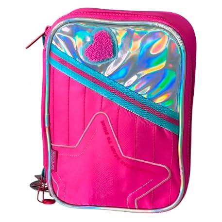 Estojo Box Juvenil Furta-Cor Holográfico – 2 Compartimentos Organizadores – Grande Capacidade (20 Lápis) – Acessório Escolar Moderno e Estiloso (Rosa)