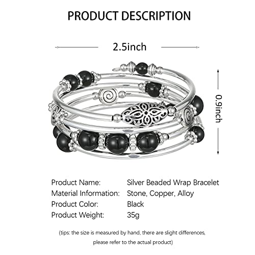 Noessla Beaded Bangle Bracelets For Women Thick Silver Wrap Bracelet With Stone Bead Fashion Jewelry Birthday Gifts(Black) #TOP5