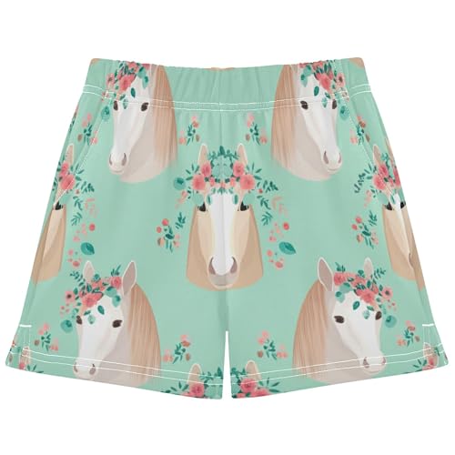 Girls Lounge Shorts Beige Horse Floral Crown Green Cute Athletic Kids Summer Pajama Shorts Colorful Print, X-Small