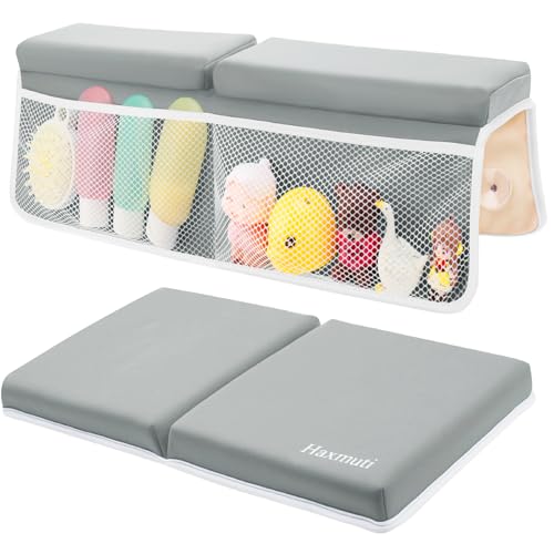 Haxmuti Bath Kneeler and Elbow Rest Pad Set, Thick and Quick Dry Kneeling Pad Support for Knee and Arm, Extra Large Baby Bath Kneeler Pads Bathtub Mat with Toys Organizer for Baby Bath Time, Grey