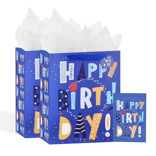 Image of Powbrace 13 inch Blue Happy Birthday Bag with Tissue Paper and Greeting Card for Party,Happy Birthday Gift Bag for Men Women,Gift Bags Medium size (2 PCS Blue, Gift Bag)