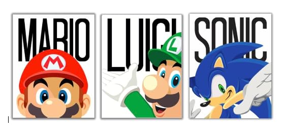 Lot de 3 impressions d'art sonique Mario Luigi Sonic pour déco gaming 28x35,6 cm