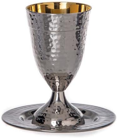 (D) Judaica Kiddush Cup Hammered Silver with Gold Inside 5 "