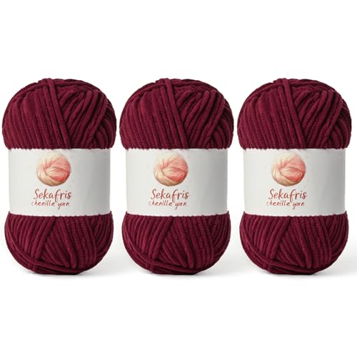 Image of Chenille Yarn for Crocheting, Size 5 Bulky,3 Burgundy | 300g /393yds Soft Chunky Velvet Yarn for Crochet and Knitting,Fluffy Baby Yarn for Amigurumi,Blankets and DIY Crafts.