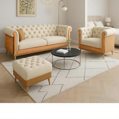 Image of Chesterfield Velvet Upholstery 3-Seater with Armchair and Footrest, Design in 3+1+Footrest Sofa for Living Room, Bedroom, Hallways (Beige - Rust Orange)