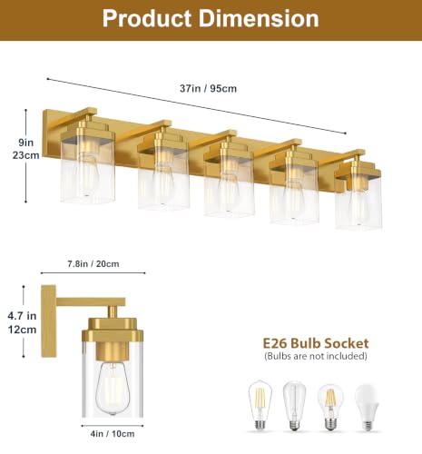 Image of Brushed Gold Bathroom Light Fixtures, 5 Lights Bathroom Lighting Fixtures Over Mirror, Square Design & Rectangle Large Backplate, Modern Vanity Lighting Fixtures, for Living Room /Bedroom