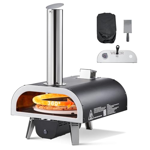 VEVOR Forno per Pizza da Eterno 304,8 mm, Forno a Legna a Pellet con Termometro e Rotazione Elettrica, Macchina per Pizza Portatile per Campeggio, Pietra, Borsa per il Trasporto, Pala
