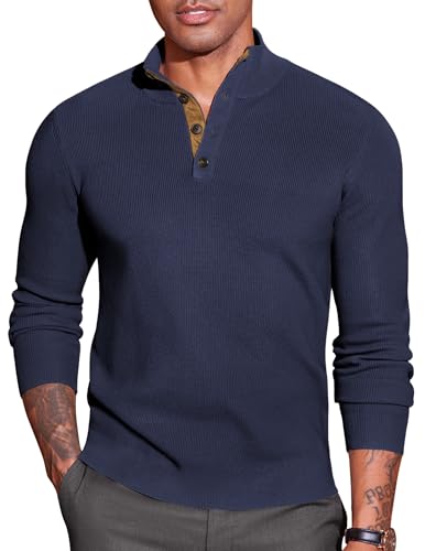COOFANDY Męski sweter z półszyją, stójka, retro, sweter z dzianiny z 1/4 guzikami, zamsz, sweter zimowy, Niebieski fiolet, S