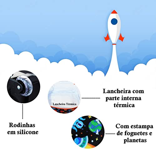 Mochila Bolsa Reforçada Escolar Infantil Menino Foguete Rodinhas Lancheira Térmica