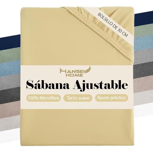H HANSEL HOME Sábana Bajera Ajustable de Microfibra, Altura 30 cm, Transpirable y Suave, con Elástico Perimetral - Sábana Bajera 135x190/200cm – Beige