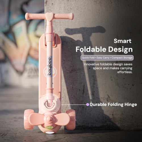 Image of Baybee Skiddo Baby Kick Scooters for Kids with 3 Height Adjustment | Foldable Skating Scooter with Foot Brake | Kids Scooter with RGB Lights & Music | Runner Scooters for Kid 2-10 Years (Beige)