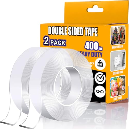 Double Sided Tape Heavy Duty 2 Pack, 1.2 Inch x 400 Inch ,Extra Large Nano Double Sided Adhesive Tape for Walls, Carpets, and Posters - Removable Reusable, Washable(33.3FT)