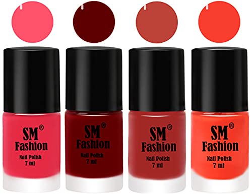 Image of Nail Polish Combo Set (Pack of 4) Quick Dry Gel Finish Nail Paint | Dark Pink,Dark Red,Dark Nude,Light Orange | 7 ml Each