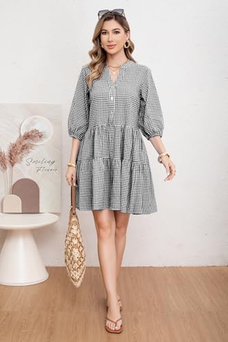 Image of utcoco Women's 2026 Spring Summer Plaid Shirt Dress 3 /4 Puff Sleeve Button Down Loose Casual Midi Dress with Pockets