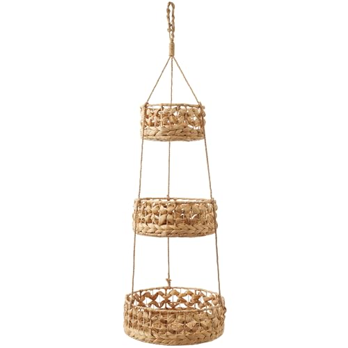 Casafield 3-Tier Hanging Fruit Basket Set, Natural Water Hyacinth Boho Storage Baskets for Vegetables, Herbs, Plants, Kitchen Pantry Storage Organizer