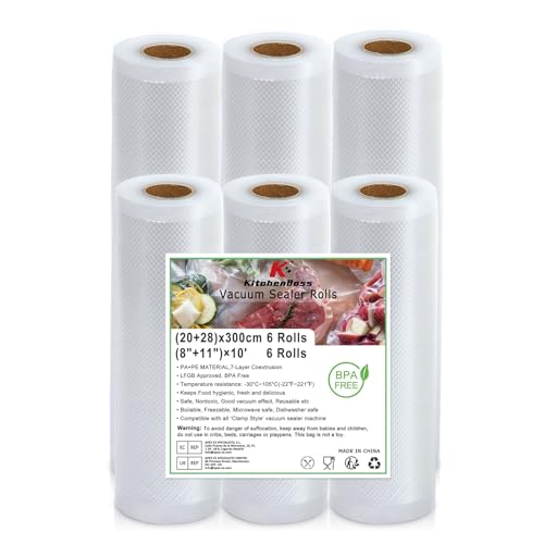 KitchenBoss Sac Sous Vide Alimentaire：6 Rouleaux 20/28 x 300cm Rouleau Sous Vide Alimentaire pour Machine Sous Vide, Sachet Sous Vide Alimentaire sans BPA,...