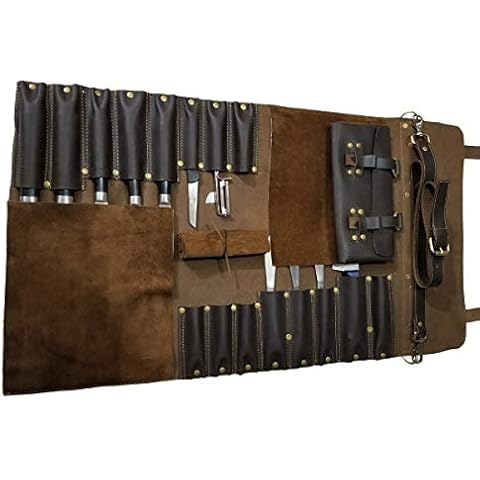 Large Professional Chef Lightweight Genuine Premium Dark Brown Large Chef Knife Bag/Knife Roll 16 Slots Space #K015 Cover