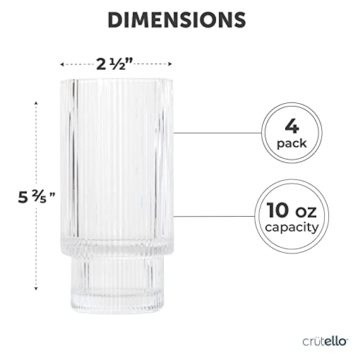 Crutello Ripple Drinking Glasses - 10 Oz Glassware Set - Highball Vintage Cups For Cocktails, Juice, Iced Tea, Lemonade - Ribbed Glassware Set Of 4 #TOP1