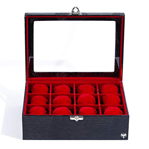 Porta-Relógios Total Luxo Couro Ecológico Preto Vermelho 12 Divisórias Maiores (3x4)