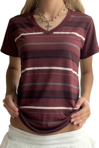 Image of Cute Striped Graphic Tees for Women Y2k Short Sleeve Preppy Teen Crop Tops