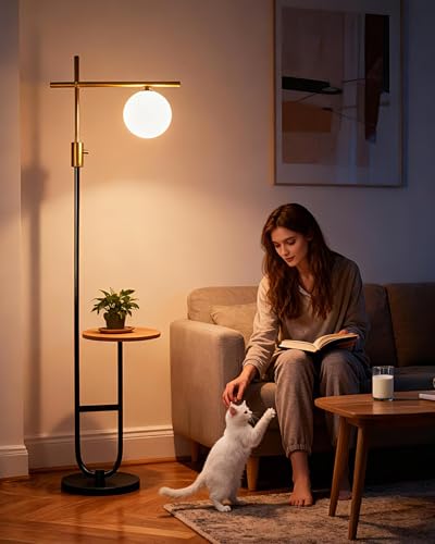 Image of Lightdot 66IN Gold&Black Dimmable Floor Lamps with Storage Table, Modern Standing Tall Lamp with Milky White Globe Lampshade, Cross-Shaped Lamp Head and U-Pole Base Style for Living Room /Bedroom