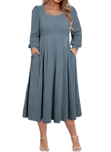 Eytino Womens Plus Size Dress Square Neck Long Sleeve Midi Sweater Dresses with Pockets(1X-5X)
